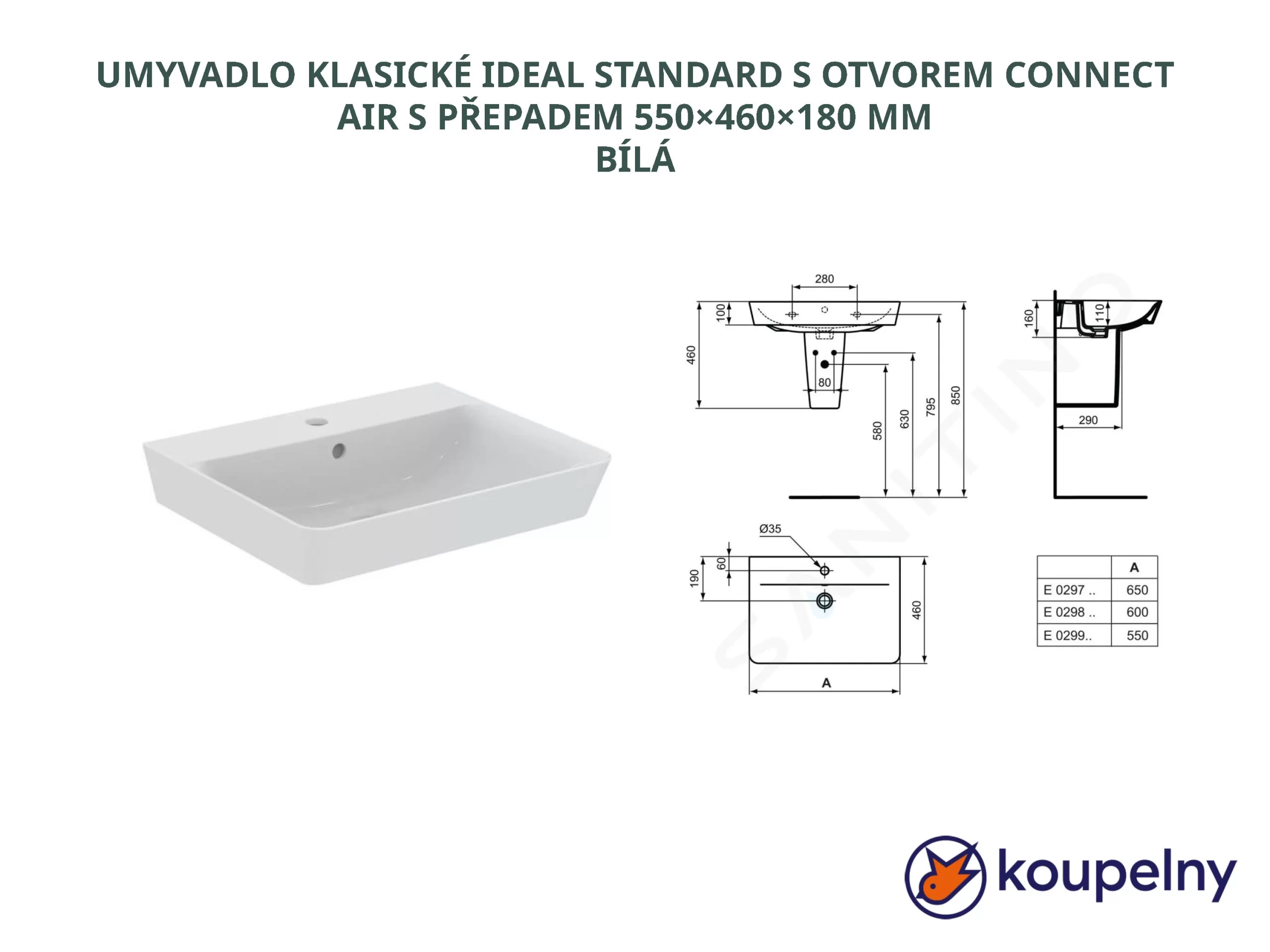UMYVADLO KLASICKÉ IDEAL STANDARD S OTVOREM CONNECT AIR S PŘEPADEM